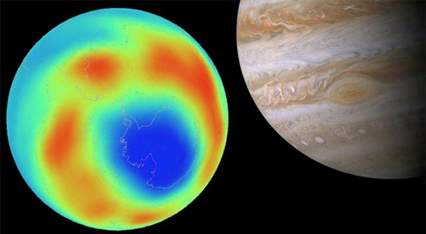 コンピュータ中で再現されたオゾンホール(左)と、カッシーニ探査機が撮影した木星(右)