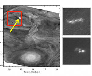 図5 ガリレオ探査機が撮影した木星の積乱雲(左図の黄色の矢印)。赤四角の部分を夜に撮影すると稲光が見える(右図)。