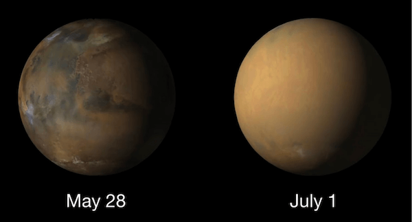2018 年 7 月に火星で発生した惑星規模大規模ダストストーム前後の衛星写真 https://svs.gsfc.nasa.gov/30983/