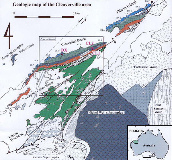 図1 オーストラリア西部クレバービル地域の太古代の地質図。太古代の海洋底玄武岩(緑色・灰色)の上位に縞状鉄鉱層(オレンジ色)や黒色チャート層(暗灰色)が重なる。(Kiyokawa et al. 2014)。