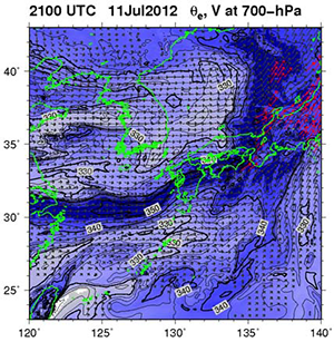 図3 九州北部豪雨発生時の700hPa面の相当温位空間分布。東シナ海上に(いわゆる)湿舌が出現しています。