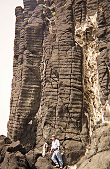 岩床に見られる柱状節理と縞状構造(佐渡島)。縞の間隔は等比数列に従う。