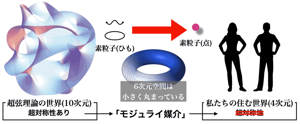 <dfn class="fig">図4</dfn>：<span class="qrinews-figure-title">超弦理論とモジュライ媒介の概念図</span>　図の一部を Wikimedia Commons より引用 (詳しくは<a href="https://upload.wikimedia.org/wikipedia/commons/1/17/Torus.png" class="link-to-external-page" target="_blank"><cite class="article" lang="ja">こちら</cite></a> と <a href="https://upload.wikimedia.org/wikipedia/commons/f/f3/Calabi_yau.jpg" class="link-to-external-page" target="_blank"><cite class="article" lang="ja">こちら</cite></a>を参照)。