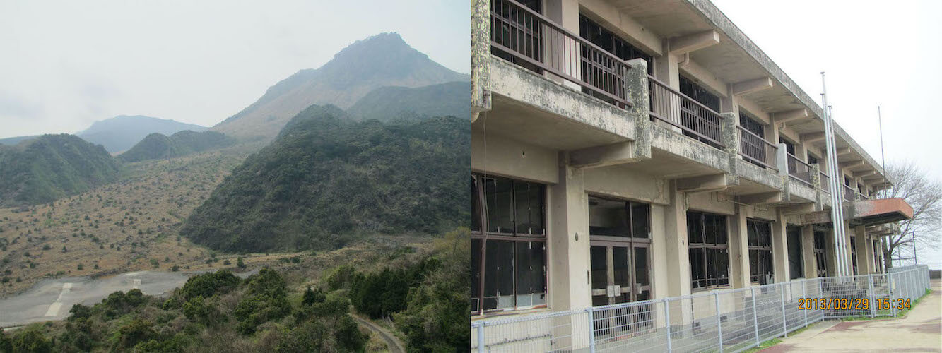 <dfn class="fig">図2</dfn>：<span class="qrinews-figure-title">雲仙岳火砕流の痕跡</span>　[左] 雲仙岳の火砕流跡の現在の様子。2013 年に記者が島原まゆやまロードから撮影。[右] 1991 年 9 月 15 日の雲仙岳の火砕流による熱風で焼失した大野木場小学校の旧校舎。43 名の犠牲者を出した 1991 年 6 月 3 日の火砕流では、火砕流本体と熱風が校舎からそれたために、生徒たちは避難することができた。2013 年に記者が撮影。