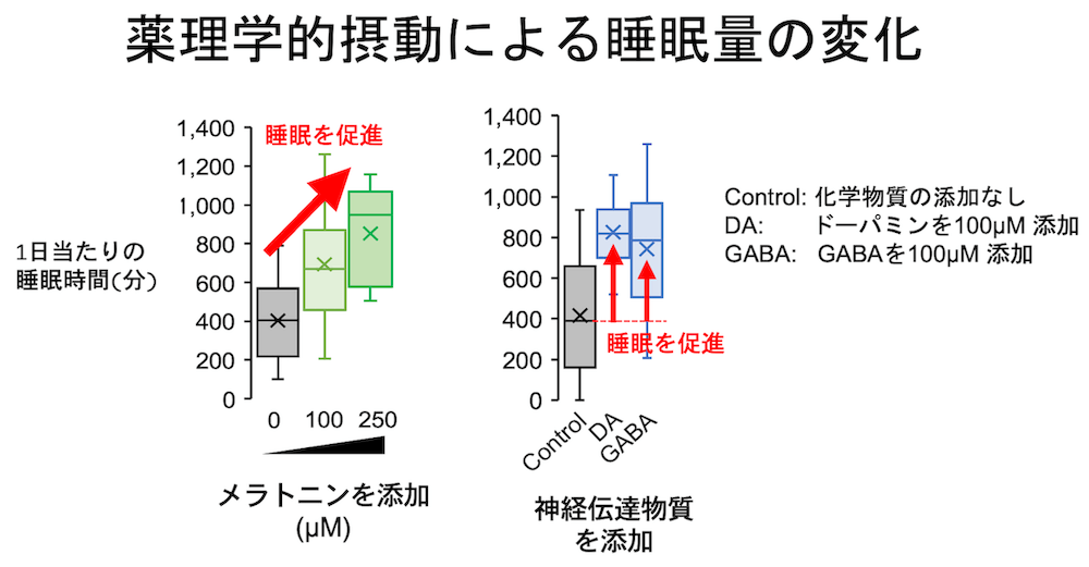<dfn class="fig">図8</dfn>：<span class="qrinews-figure-title">睡眠制御に関わる化学物質を添加した時の睡眠時間の変化</span>　化学物質を添加しない場合 (灰色)、メラトニンを 100 &mu;M、250 &mu;M 添加した場合 (黄緑色)、ドーパミンもしくは GABA を 100 &mu;M 添加した場合 (青色) における睡眠時間の変化。単位の M はモーラーで、&mu;M = 10<sup>-6</sup> mol/dm<sup>3</sup> = 10<sup>-6</sup> mol/Lを意味する。<a href="#app1" class="link-to-lower-part"><cite class="article"><span class="i">Kanaya et al</span>. (2020)</cite></a> の図を改変。